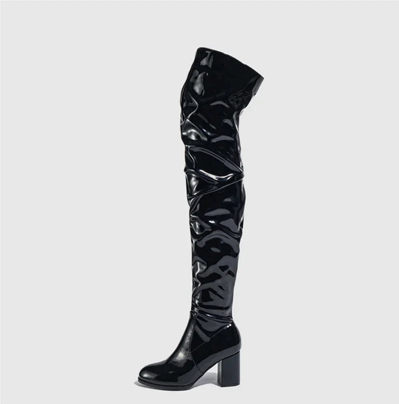 Hlieny 2026 Winter New Thigh High Boots Fashion Patent Leather Round Toe Zip Female Square Heels Pleated Design Women's Shoes