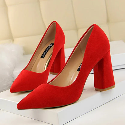Summer Women 8.5cm High Heels Pumps Escarpins Elegant Sweet Lady Wedding Block Square Middle Heels Flock Suede Nightclub Shoes