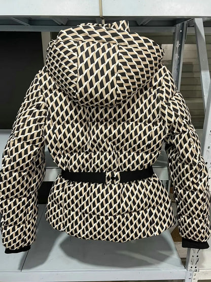 Women's Winter Hooded High Waist Padded Sport Parkas Coats with Belt Female Elegant Thick Warm Pockets Windproof Skiing Jackets