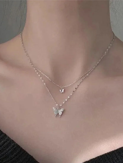 Double Layer Butterfly Necklace for Women, Lats Sparkling Collar Chain, Exquisite Jewelry, Banquet Party, Holiday Gift, 1