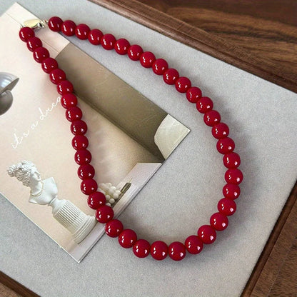 Handmade Vintage Chinese Style Glass Bead Necklace with Antique Red Glass Beads and Gold Coin Closure, Versatile Neckpiece