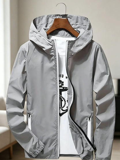 Men's Premium Lightweight Hooded Windbreaker, Quick-Dry Full-Zip Casual Jacket with Zipper Pockets for Street & Outdoor Wear