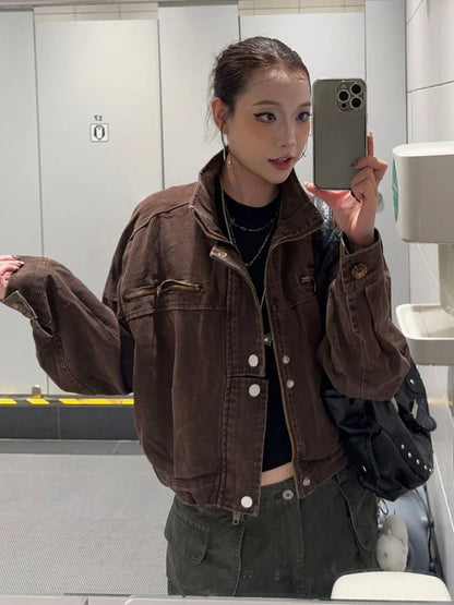 Subculture Harajuku Vintage Safari Coats with Hooded Women Zipper Sweatshirts Casual Streetwear Grunge Jacket Y2k Stand Neck