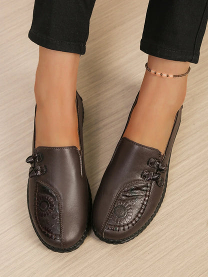 Women's Spring Autumn Leather Loafers Floral Embossed Slip‑On Flats Anti‑Slip Comfort Casual Mom Daily Walking Free Shipping