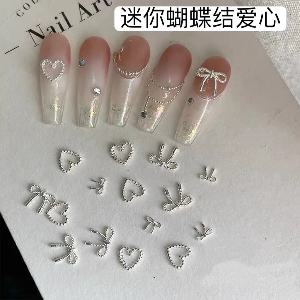 2Sizes Bowtie Love Nail Parts Nail Charms Korea Mini Silver Ribbon Bow tie Alloy Nail Art Accessories 3D Luxury Nail Decorations