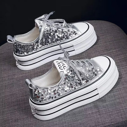 Woman Platform Sneakers Wedge Shoes Female Spring Autumn Sequins Bling Casual Shoes Ladies Thick-soled Canvas Shoes