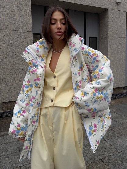 Yaminiya Fashion Thicken Women Puffer Jacket Oversize Stand Up Collar Zipper Floral Print Warm Cotton Filled Coat Autumn Winter