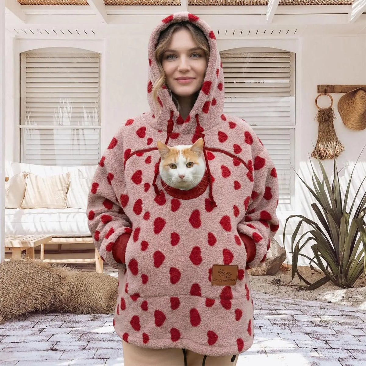Ladies Winter Hooded Lamb Velvet Zipper Kangaroo Pocket Cat Dog Mommy Outwear Sweatshirt Comfortable Street Style Trendy Fashion