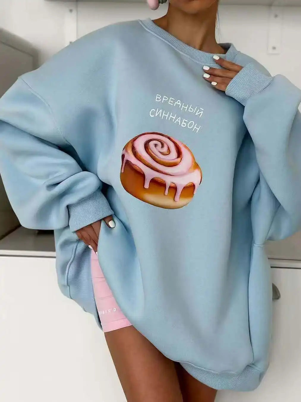 blue Cartoon pastries Russian letter print hip hop O Neck Oversize Sweatshirt Women Thin Spring 2025 Hoodies American Casual Top