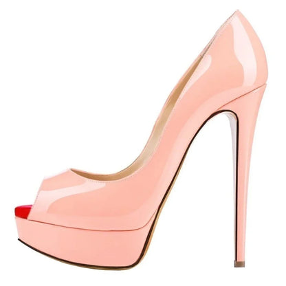 Women Pumps Sexy Platform Peep Toe 14cm Extremely Thin High Heels Stiletto Patent Leather Fashion Party Nighclub Wedding Shoes