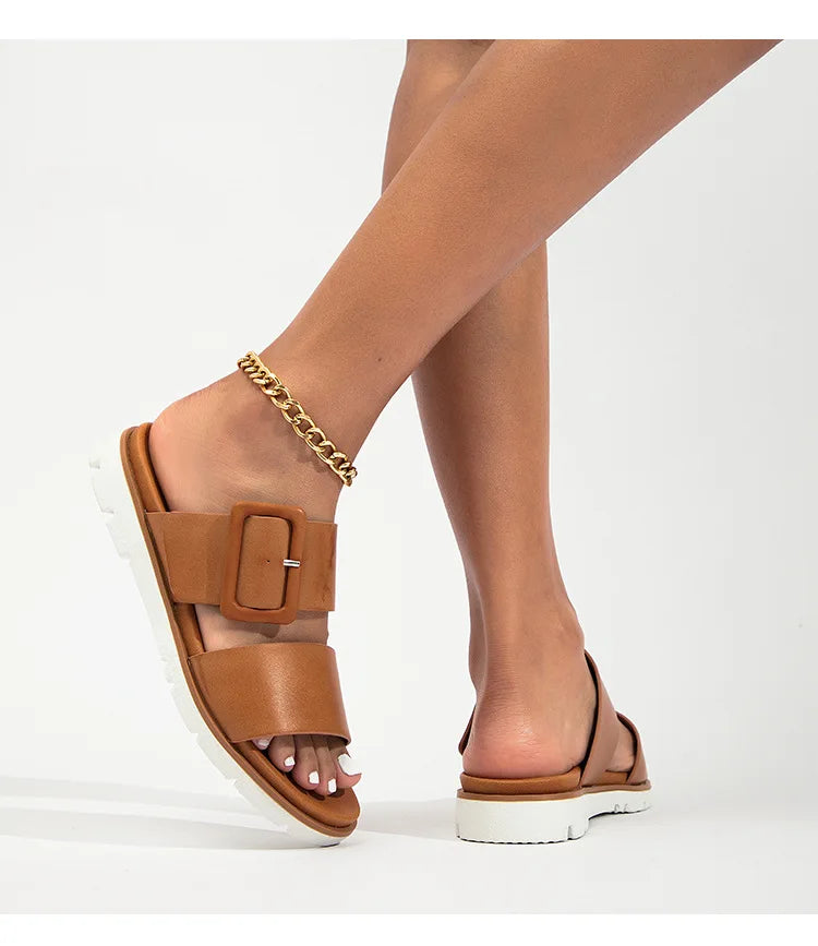 Adjustable Square Buckle Women Slide Sandals Two Strap Platform Slippers Low Heel Soft Sole Summer Open Toe Walking Casual Shoes