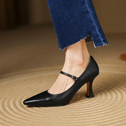NEW Spring/Autumn Women Pumps Genuine Leather Shoes for Women Pointed Toe Thin Heel Shoes Shallow Buckle Strap Mary Janes Shoes
