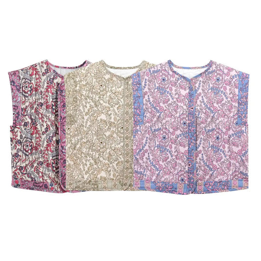 Zevity 2024 Women Vintage O Neck Patchwork Floral Print Quilted Cotton Vest Jacket Female Sleeveless Cotton WaistCoat Tops CT332