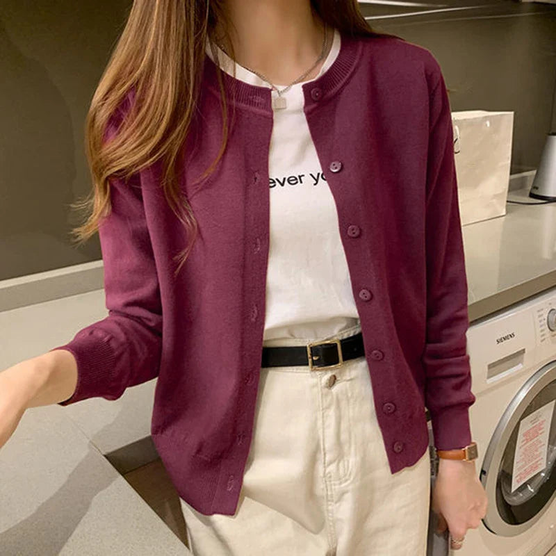 Rimocy Knitted Cardigan Jacket Women 2025 Spring Autumn Round Neck Casual Cardigans Woman Solid Color Slim Korean Jumpers Female