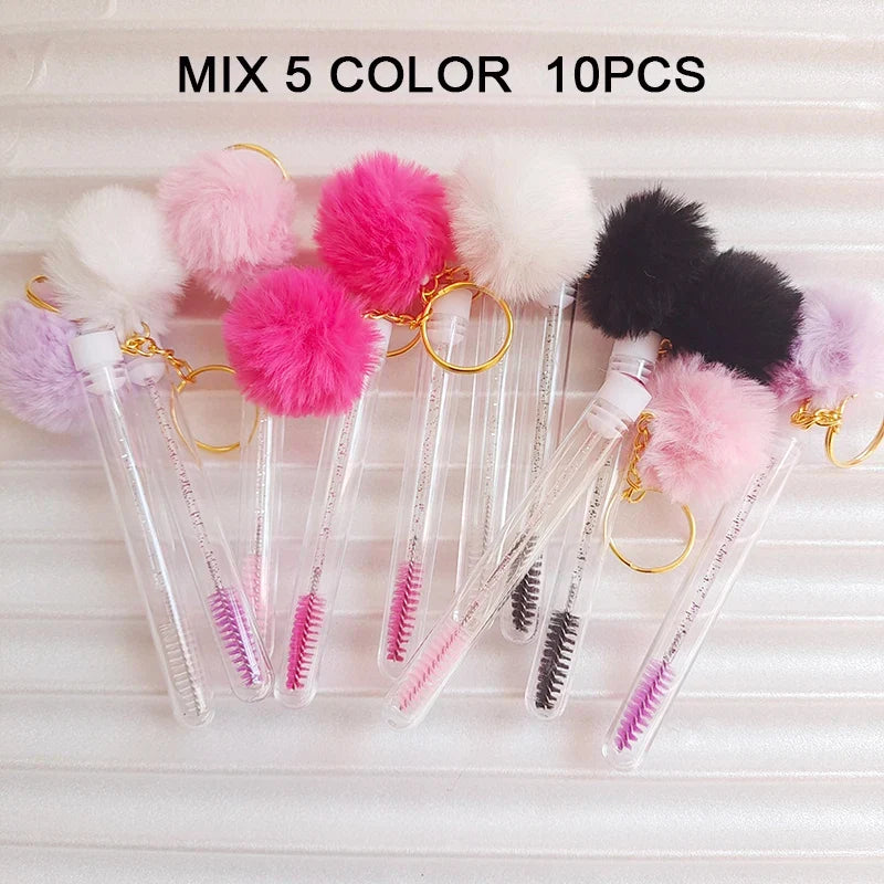 10pcs Eyelash Eyebrow Brush With Hairball Keychain Mascara Wand Reusable Lash Extension Clear Micro Comb Container Makeup Tool