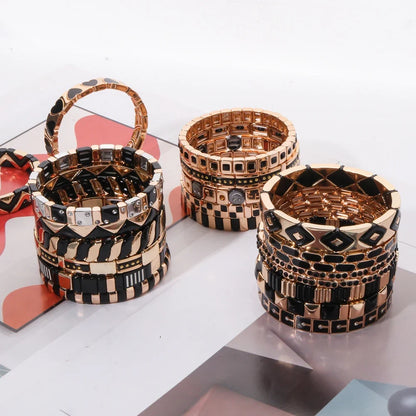 2026 New Black Gold Color Beaded Bangle for Women and Men Handmade Elastic hand Wrist Bracelets