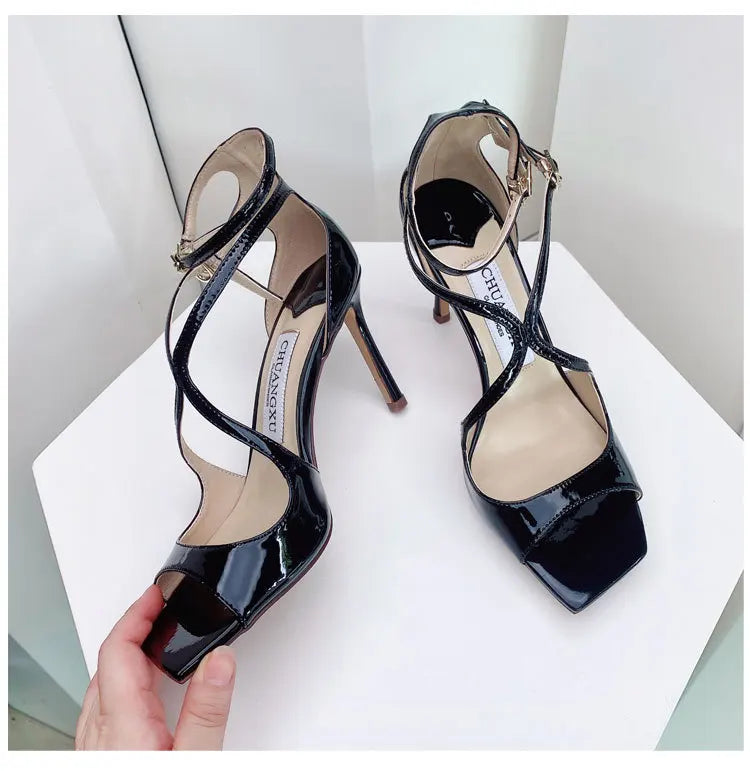 Luxury Sequined Women Gladiator Sandals Summer Designer Shoes for Women 2026 Square Head Hollow High Heels Fashion Ladies Shoes