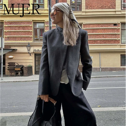 MUJER Women's Tailoring Blazers Vintage Office Blazer Woman Faux Wool Coats for Women Streetwear Outerwears Fitted Jacket Women