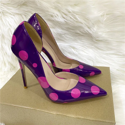 Veowalk Polka Dot Women Purple D'Orsay Side Cut Pointed Toe Stiletto Pumps Comfortable Elegant 8cm 10cm 12cm High Heel Shoes