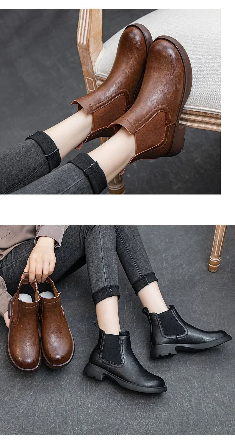 DRKANOL Fashion Women Thick Heel Ankle Boots Autumn Winter Warm Shoes Round Toe Real Cowhide British Style Slip On Chimney Boots