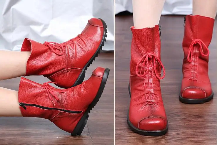 Genuine Leather Plush women's short Boots Retro Casual Autumn Winter Women Boots Waterproof warm Snow boots Plus Size 42