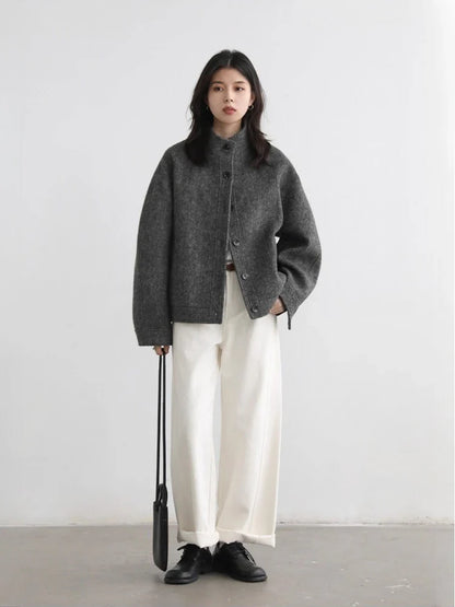 CHIC VEN Women Short Woolen Coat New Stand Up Twill Texture Single Breasted Ladies Jacket Retro Woman Outwear Autumn Winter 2025