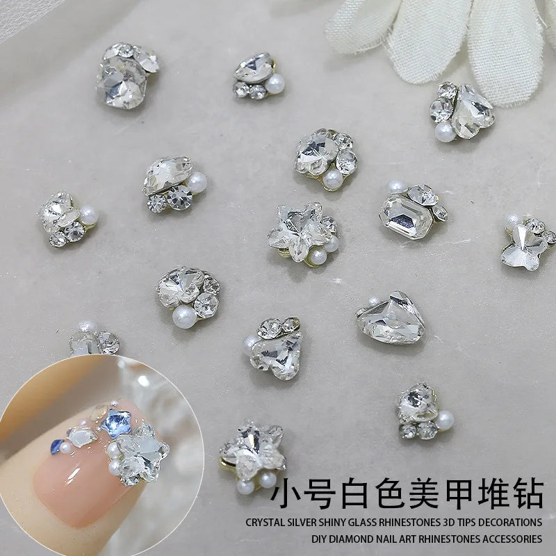 10pc Flash Mini Nail Art Diamond Pile Accessories White Heart Butterfly Fat Square Snowflake Nail Charms DIY Nail Art Decoration