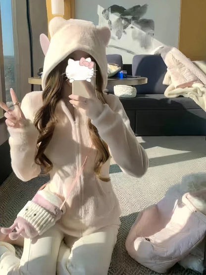 2025 Kawaii Plush Hoodie Women Bear Ear Zip Jacket Soft Warm Fleece Coat Korean Sweet Girl Winter Outerwear Cute Fashion Trend