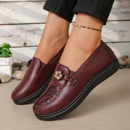 Women's Spring Autumn Leather Loafers Floral Embossed Slip‑On Flats Anti‑Slip Comfort Casual Mom Daily Walking Free Shipping