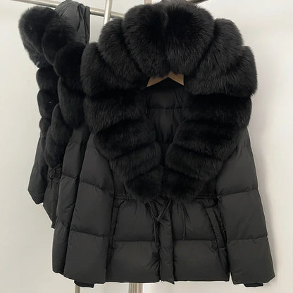 Reality Fur Jacket Real Fur Collar Duck Down Coat Female Winter Hooded Warm Fox Fur Coat Women Natural Raccoon Fur Puffer Jacket