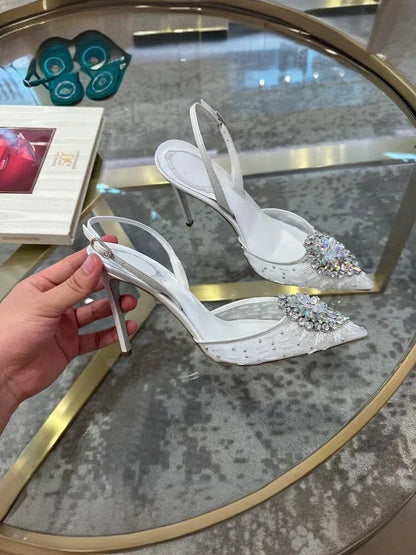 White Wedding Shoes, Rhinestone Pointed Crystal Toe Sandals, New High-heeled Shoes, Sexy Single Shoes