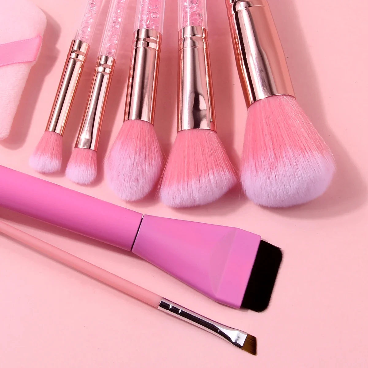 11Pcs Pink Makeup Brush Set with Sponge & Puff, Professional Glitter Handle Brushes for Foundation, Eyeshadow, Blush, Full Face