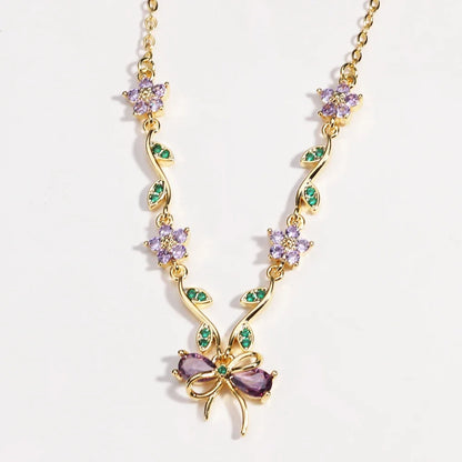 Summer New Fashion Exquisite Bow Leaf Flower Necklace For Women's Elegant Pink Zircon Chain Pendant Jewelry Gifts