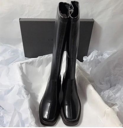 Vintage Thick Heel Women Knee High Boots Fashion Side Zippers Shoes Autumn Winter Ladies Concise Long Botas De Mujer