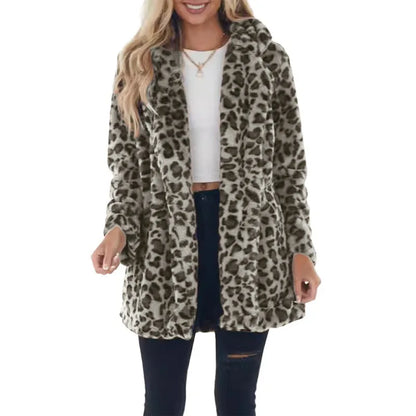 Women Winter Warm Faux Fur Coat Fashion Casual Turn-down Collar Leopard Jackets Ladies Streetwear Long Sleeve Pockets Overcoats