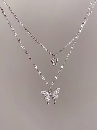 Double Layer Butterfly Necklace for Women, Lats Sparkling Collar Chain, Exquisite Jewelry, Banquet Party, Holiday Gift, 1