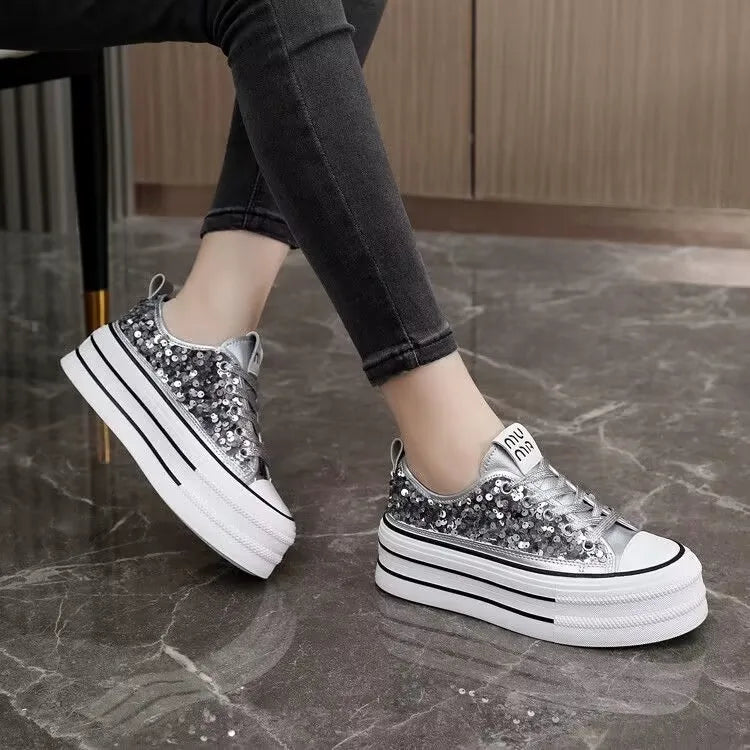 Woman Platform Sneakers Wedge Shoes Female Spring Autumn Sequins Bling Casual Shoes Ladies Thick-soled Canvas Shoes