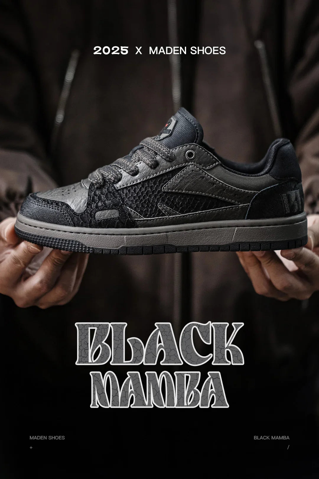 Maden Casual Snake Year Black Mamba Men's Sneakers Low-Top Flat Sole Versatile Black Shoes for Spring Autumn Skateboarding Shoes