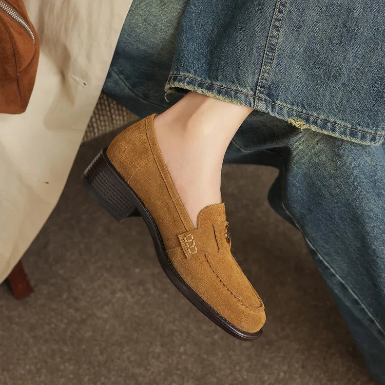 New Spring/Autumn Cow Suede Women Shoes Fashion Retro Square Toe Shoes for Women Mid Heels Women Pumps Handmade Green Loafers