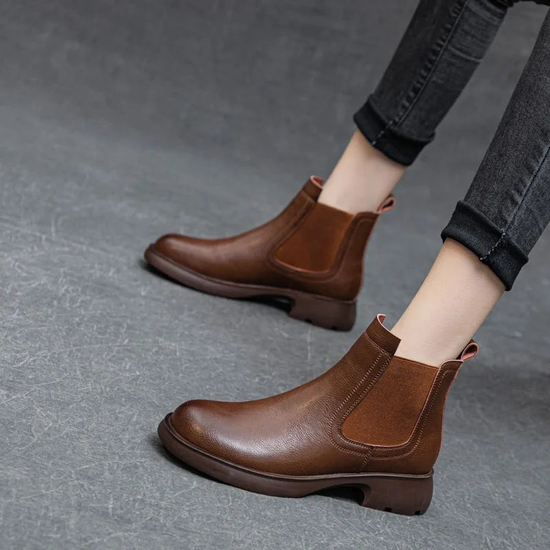 DRKANOL Fashion Women Thick Heel Ankle Boots Autumn Winter Warm Shoes Round Toe Real Cowhide British Style Slip On Chimney Boots