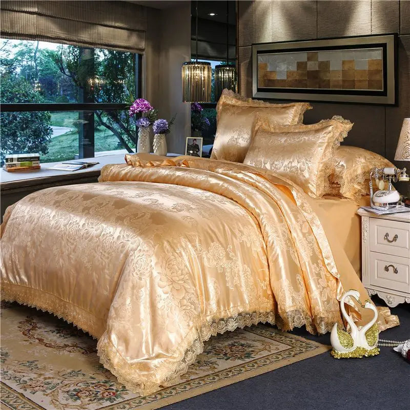 Luxury Jacquard Bedding Set Tencel Modal Duvet Cover 4PCS with Lace Satin Bed Sheet Pillowcases King and Queen Size Home Textile