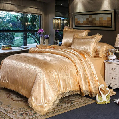 Luxury Jacquard Bedding Set Tencel Modal Duvet Cover 4PCS with Lace Satin Bed Sheet Pillowcases King and Queen Size Home Textile