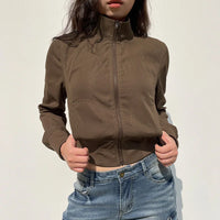 Vintage Cropped Jackets for Women Harajuku Casual Slim Fit Zipper Coat Y2K Streetwear Long Sleeve Outerwear Autumn