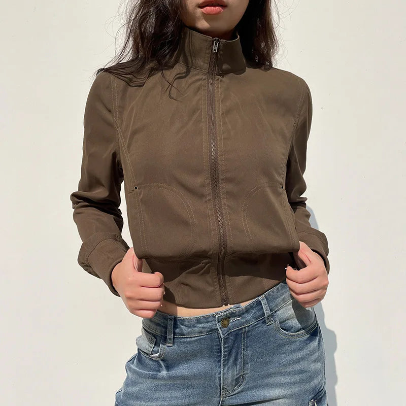 Vintage Cropped Jackets for Women Harajuku Casual Slim Fit Zipper Coat Y2K Streetwear Long Sleeve Outerwear Autumn