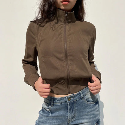 Vintage Cropped Jackets for Women Harajuku Casual Slim Fit Zipper Coat Y2K Streetwear Long Sleeve Outerwear Autumn