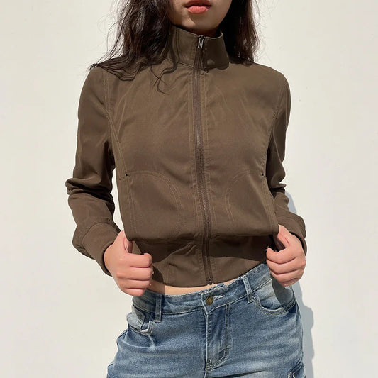 Vintage Cropped Jackets for Women Harajuku Casual Slim Fit Zipper Coat Y2K Streetwear Long Sleeve Outerwear Autumn