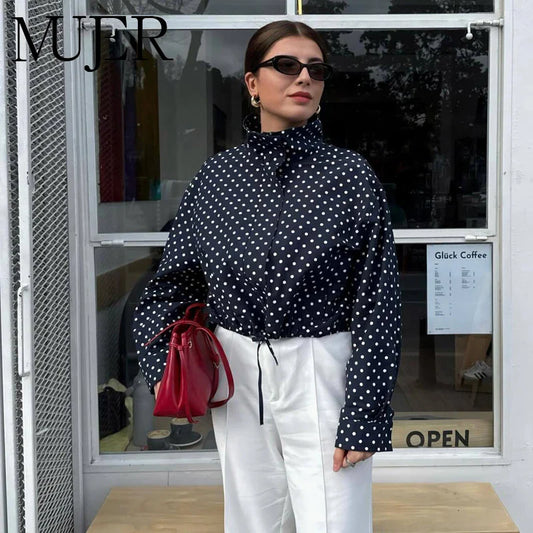 MUJER Polka Dot Bomber Jackets for Women Oversized Cropped Jacket Woman Long Sleeve Women's Jacket Fashion Winter Coat Female