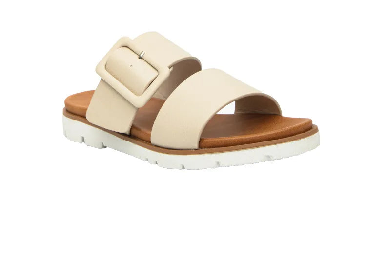 Adjustable Square Buckle Women Slide Sandals Two Strap Platform Slippers Low Heel Soft Sole Summer Open Toe Walking Casual Shoes