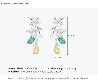 SUYU New Holiday Style Long Vintage Flower Earrings Female Leaf Yellowcrystal Forest Earrings