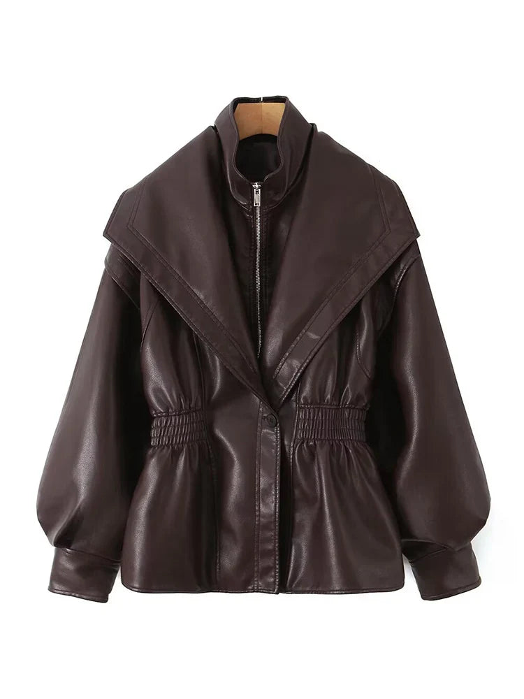 Ailegogo New Spring Autumn Women Vintage Loose Elastic Waist Zipper Black Faux Leather Jacket Outwear